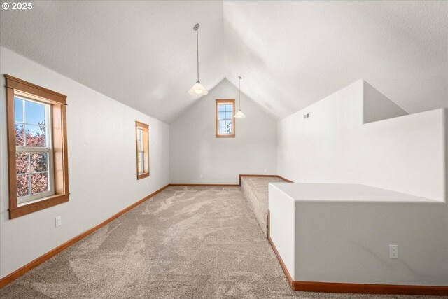 additional living space featuring carpet, baseboards, and vaulted ceiling