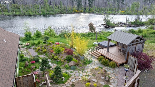 49164 Mckenzie Hwy, Vida, OR 97488 - wooden terrace featuring a hot tub, a gazebo, and a fenced backyard