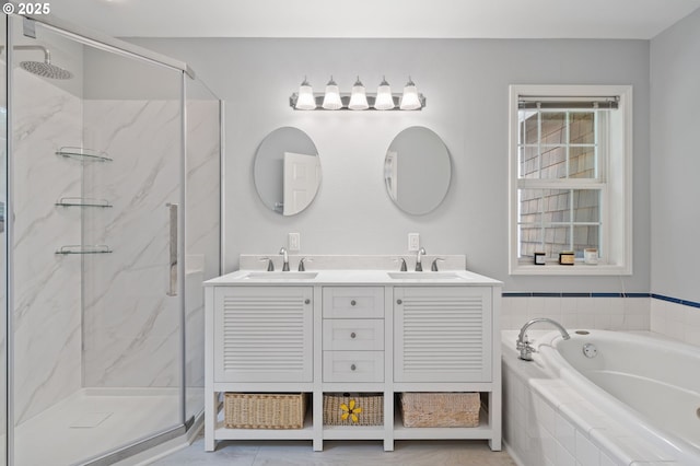 5239 Madrona St, Lake Oswego, OR 97035 - bathroom with a marble finish shower, a garden tub, and double vanity
