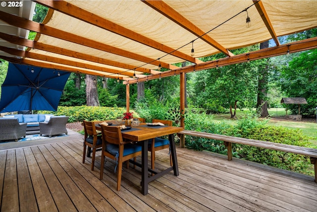 5239 Madrona St, Lake Oswego, OR 97035 - wooden terrace with an outdoor living space, a pergola, outdoor dining space, and view of scattered trees