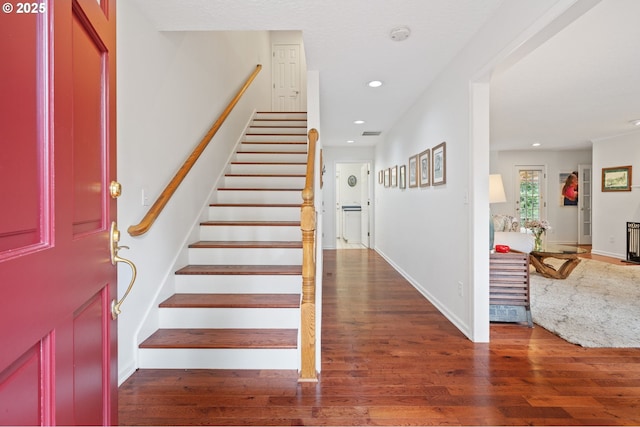 5239 Madrona St, Lake Oswego, OR 97035 - entrance foyer featuring wood finished floors, stairway, and recessed lighting