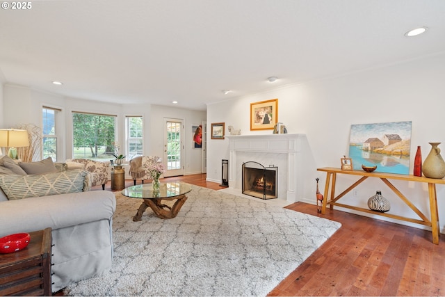 5239 Madrona St, Lake Oswego, OR 97035 - living room with wood finished floors, a premium fireplace, recessed lighting, and crown molding