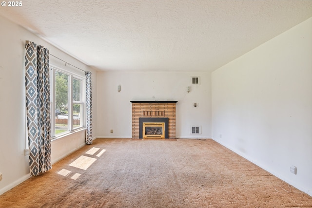 3111 Lindsey Dr, Longview, WA 98632 - unfurnished living room featuring carpet floors, a textured ceiling, and a brick fireplace