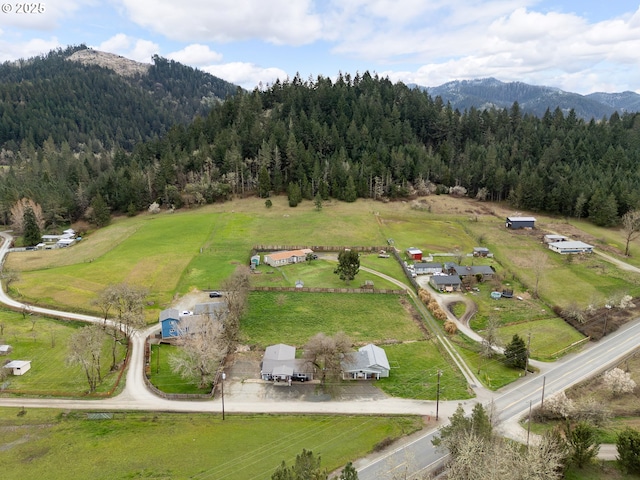 bird's eye view featuring a mountain view, a rural view, and a wooded view