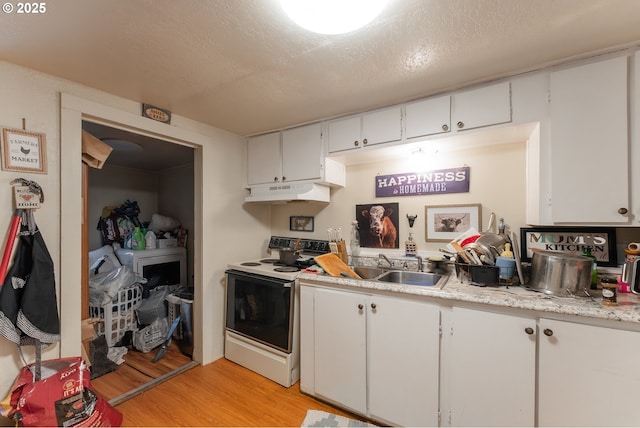 kitchen featuring light wood-type flooring, electric range, under cabinet range hood, white cabinets, and light countertops