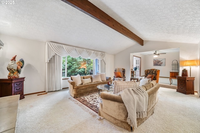 14000 NE 97th Ave, Vancouver, WA 98662 - living room featuring light carpet, a textured ceiling, baseboards, and ceiling fan