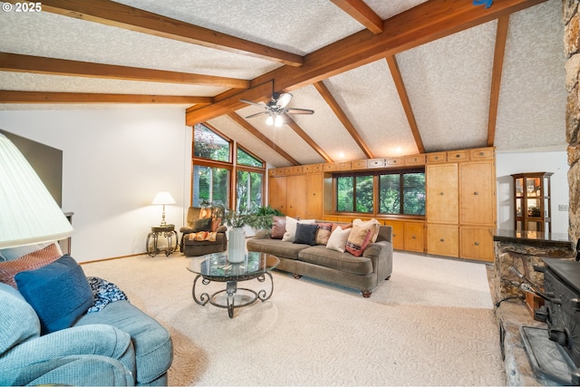 14000 NE 97th Ave, Vancouver, WA 98662 - living room with light carpet, ceiling fan, a textured ceiling, and a wood stove