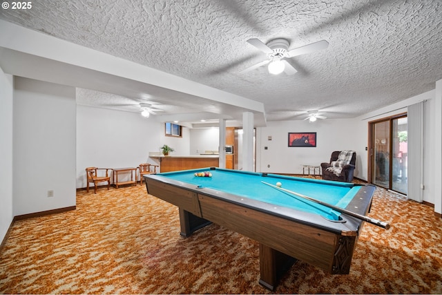 14000 NE 97th Ave, Vancouver, WA 98662 - playroom featuring carpet flooring, a textured ceiling, pool table, a ceiling fan, and baseboards