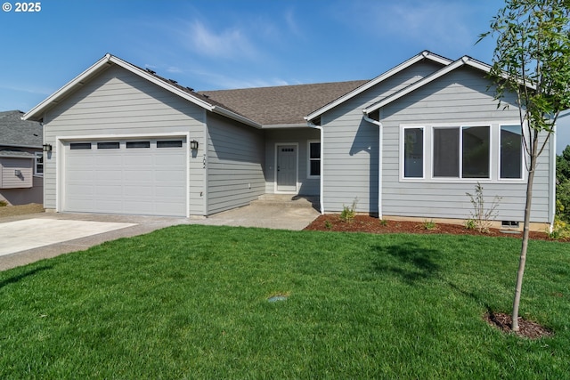 ranch-style house featuring a garage, concrete driveway, a front yard, and a shingled roof