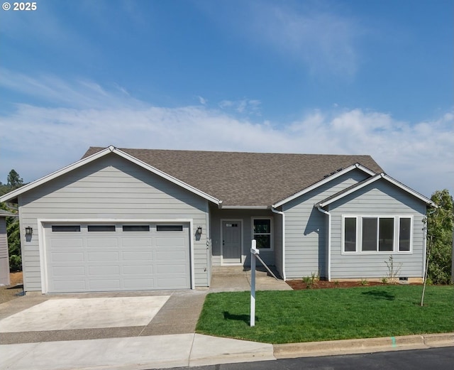 single story home with a front yard, concrete driveway, an attached garage, and a shingled roof