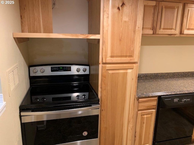 934 SE Nehalem St, Portland, OR 97202 - kitchen with stainless steel electric stove, black dishwasher, dark countertops, and light brown cabinetry