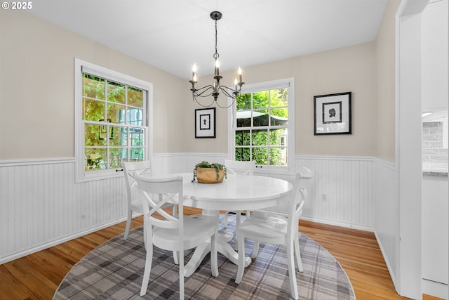 630 9th St, Lake Oswego, OR 97034 - dining area with a wainscoted wall, wood finished floors, a chandelier, and plenty of natural light