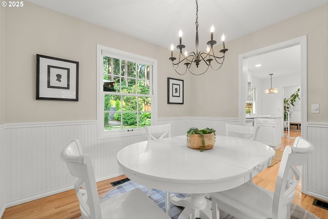 630 9th St, Lake Oswego, OR 97034 - dining room featuring a wainscoted wall, a chandelier, and light wood-style flooring