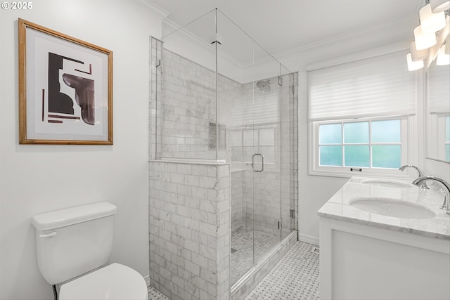 630 9th St, Lake Oswego, OR 97034 - bathroom featuring ornamental molding, double vanity, a shower stall, and tile patterned floors
