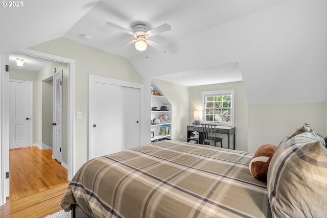 630 9th St, Lake Oswego, OR 97034 - bedroom with lofted ceiling, light wood-style flooring, a ceiling fan, and a closet