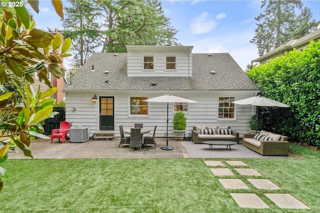 630 9th St, Lake Oswego, OR 97034 - back of property with an outdoor living space, a yard, a shingled roof, and a patio area