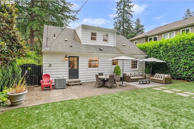 630 9th St, Lake Oswego, OR 97034 - rear view of house featuring outdoor lounge area, a patio area, entry steps, and roof with shingles