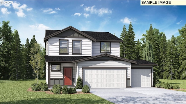 view of front of property with a garage, a shingled roof, concrete driveway, board and batten siding, and a front yard