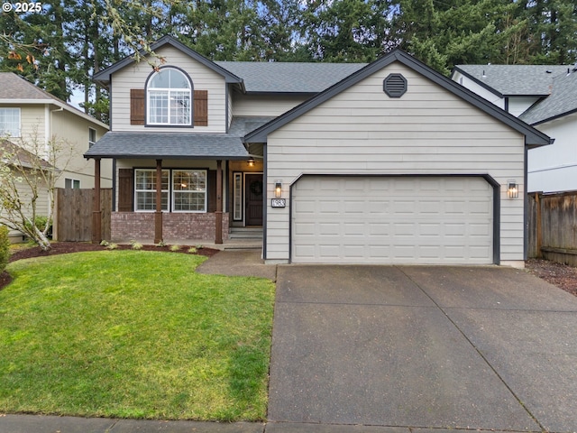 traditional home with a garage, driveway, a front yard, and fence