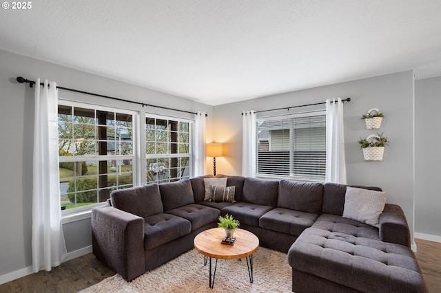 living area featuring a healthy amount of sunlight, baseboards, and wood finished floors