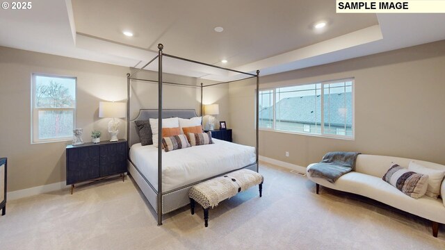 14924 NW Legend St, Portland, OR 97229 - bedroom featuring a raised ceiling, light carpet, and multiple windows