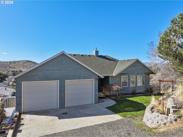 ranch-style home featuring a front yard, a chimney, and a shingled roof