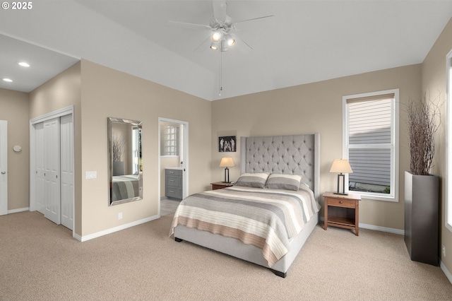 bedroom with baseboards, recessed lighting, and light colored carpet