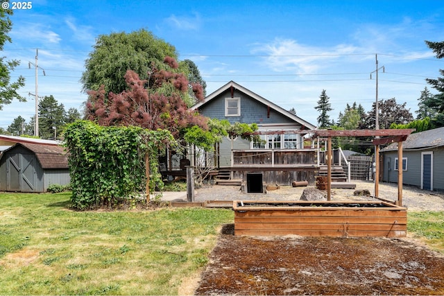 622 C St, Washougal, WA 98671 - rear view of house featuring a storage shed, a wooden deck, and a lawn