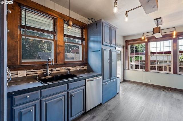 622 C St, Washougal, WA 98671 - kitchen featuring stainless steel dishwasher, dark countertops, wood finished floors, backsplash, and blue cabinets