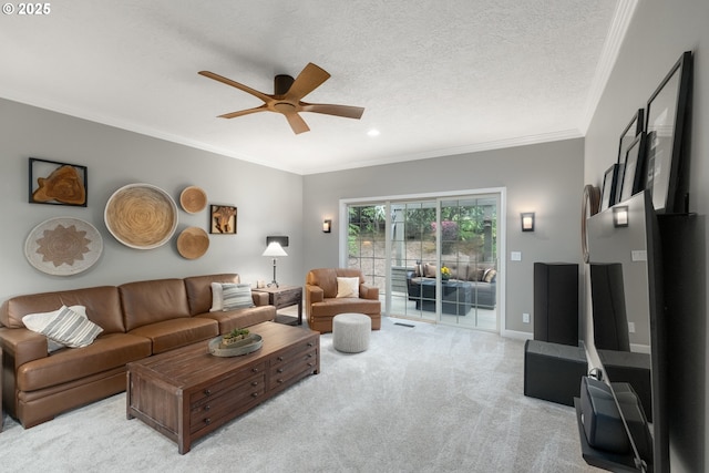 6600 NW Burgundy Dr, Corvallis, OR 97330 - living area featuring a ceiling fan, light colored carpet, crown molding, and recessed lighting