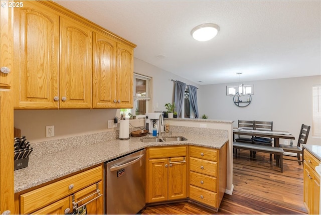 525 SW 207th Ave, Beaverton, OR 97006 - kitchen featuring dishwasher, a sink, dark wood-style floors, a peninsula, and a chandelier