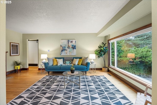 living area featuring baseboards, a textured ceiling, a barn door, and wood finished floors