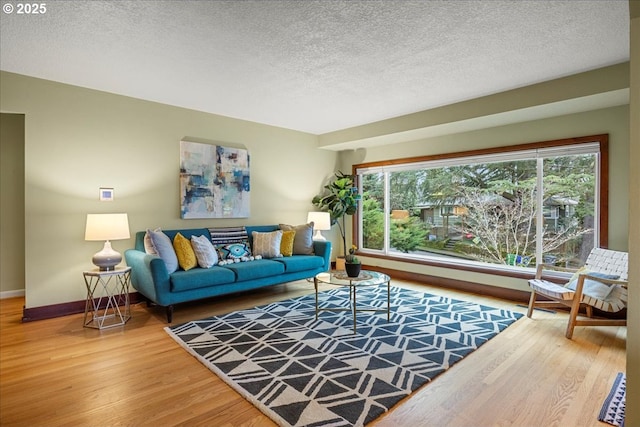 living area featuring a textured ceiling, baseboards, and wood finished floors