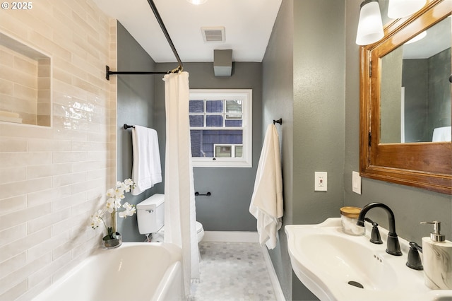 5932 NE 29th Ave, Portland, OR 97211 - bathroom with a sink, a bathtub, toilet, baseboards, and curtained shower