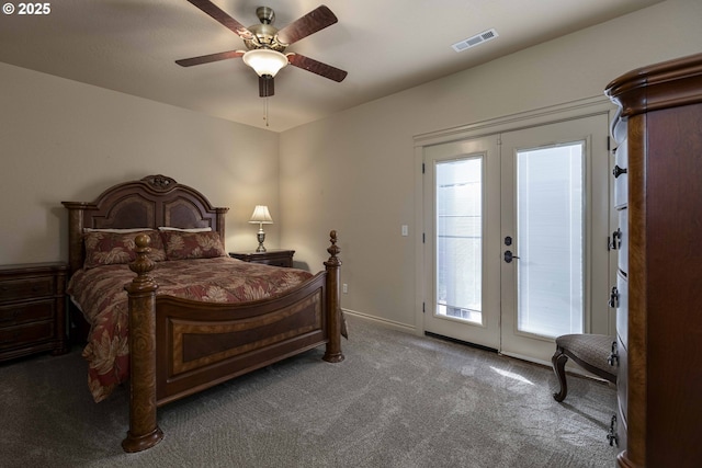 6783 Rogue River Dr, Shady Cove, OR 97539 - bedroom featuring carpet floors, french doors, ceiling fan, and access to exterior
