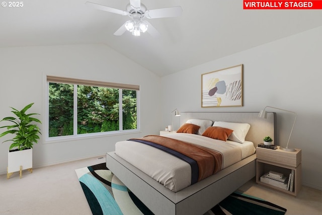 18169 SW Shady Meadow Ct, Beaverton, OR 97007 - bedroom with lofted ceiling, carpet floors, baseboards, and ceiling fan