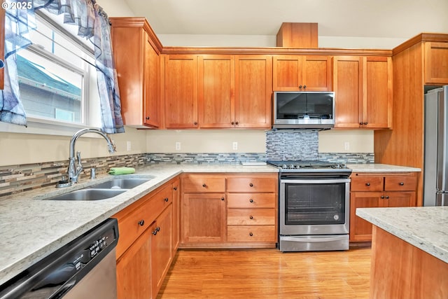 kitchen with backsplash, appliances with stainless steel finishes, sink, and light wood-type flooring