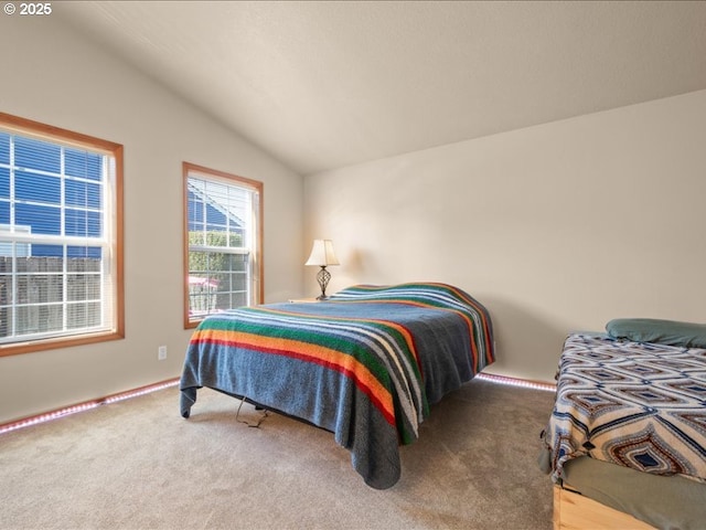 bedroom featuring carpet flooring and vaulted ceiling