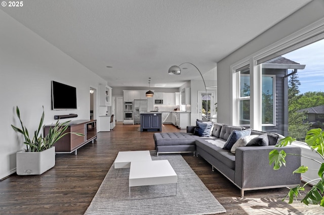 1811 NW Rosefinch Ln, Portland, OR 97229 - living room featuring healthy amount of natural light, dark wood finished floors, and a textured ceiling