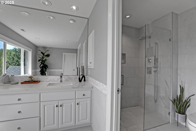 1811 NW Rosefinch Ln, Portland, OR 97229 - full bath with vanity, a shower stall, recessed lighting, tile patterned floors, and toilet