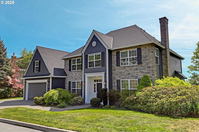 1811 NW Rosefinch Ln, Portland, OR 97229 - view of front of property with stone siding, a chimney, and a front lawn