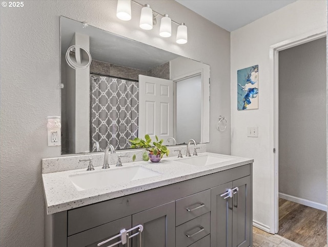 17610 SE 362nd Dr, Sandy, OR 97055 - bathroom with double vanity, wood finished floors, and curtained shower