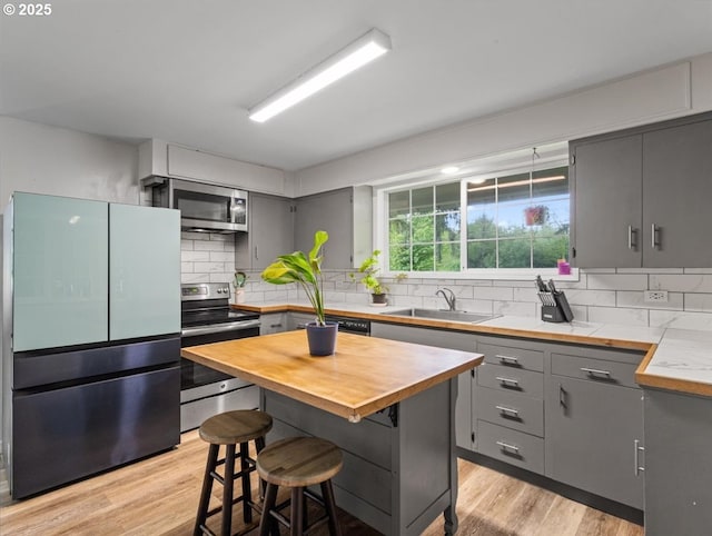 17610 SE 362nd Dr, Sandy, OR 97055 - kitchen featuring appliances with stainless steel finishes, gray cabinetry, a sink, wood counters, and decorative backsplash