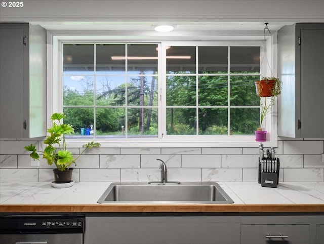 17610 SE 362nd Dr, Sandy, OR 97055 - kitchen featuring stainless steel dishwasher, a sink, gray cabinets, tasteful backsplash, and light countertops