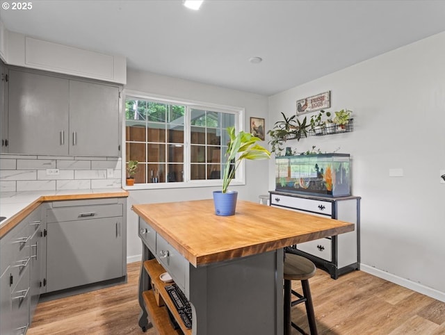 17610 SE 362nd Dr, Sandy, OR 97055 - kitchen with gray cabinets, butcher block counters, and light wood-style flooring