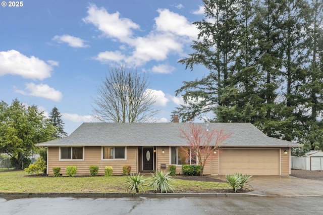 single story home with a garage, driveway, a front lawn, and a shingled roof