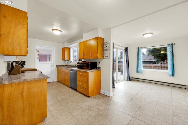 kitchen with brown cabinetry, stainless steel dishwasher, a baseboard heating unit, black microwave, and a sink