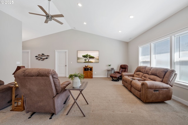 4080 Caddington Ln, Florence, OR 97439 - living room with ceiling fan, lofted ceiling, light colored carpet, and recessed lighting