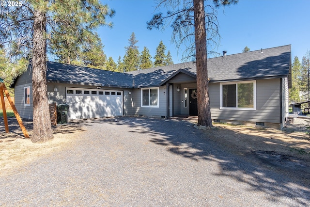16050 Dick Rd, La Pine, OR 97739 - ranch-style house featuring an attached garage, driveway, a shingled roof, and crawl space