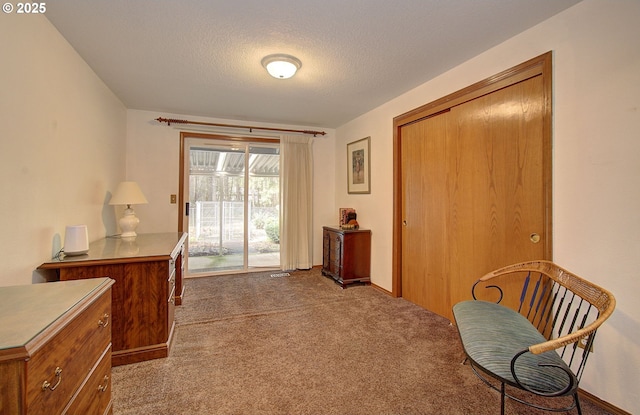 sitting room with carpet flooring and a textured ceiling